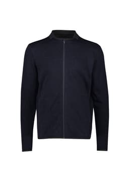 A black zip-front jumper featuring a simple design and a contrasting collar, with a logo on the front.