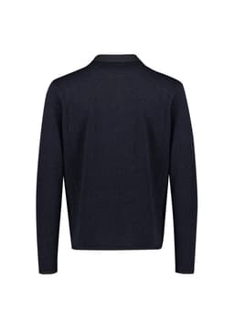 A dark navy zip front jumper featuring a simple design and a collar, displaying a logo on the back.