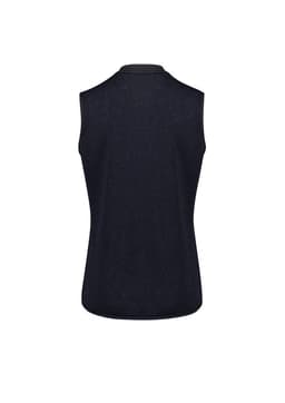 A black women's zip front vest with a sleeveless design and a collar, featuring branding on the back.