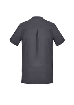 A dark grey women's tunic featuring short sleeves and a back pleat, suitable for uniforms.
