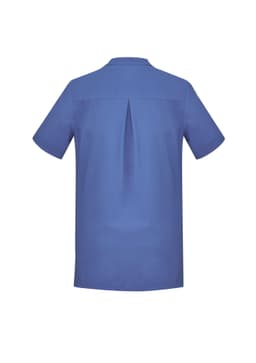 A blue women's tunic with short sleeves and a back pleat, featuring a branding logo.