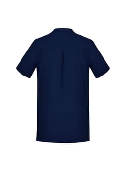 A navy blue women's tunic with a back pleat and short sleeves. Features a branding logo.