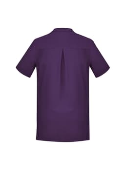 A plain purple women's tunic with a back pleat design and short sleeves. It features a branding logo.