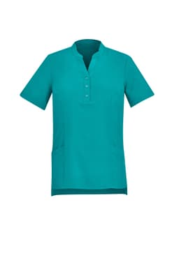 A turquoise women's tunic featuring a short sleeve design, mandarin collar, and front buttons, with side pockets.