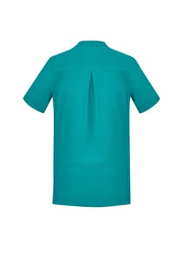 A teal women's tunic featuring short sleeves and a pleat detail at the back. It includes a logo on the design.