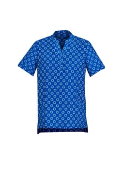 A blue tunic featuring a white daisy print, with short sleeves and a collarless neckline, designed as a women's uniform.