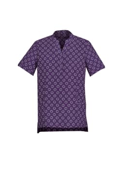 A purple tunic featuring a daisy print pattern, designed as part of a uniform collection.