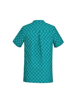 A turquoise tunic featuring a daisy print, with short sleeves and a back seam detail. It has a logo on the label.