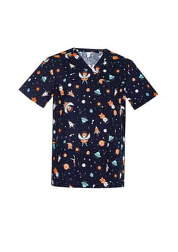 A navy scrub top featuring a fun space-themed print with planets, astronauts, and rockets. It has a logo.