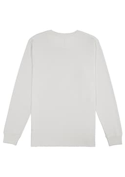 A plain white long sleeve tee featuring a crew neckline and fitted cuffs, with a logo on the back.