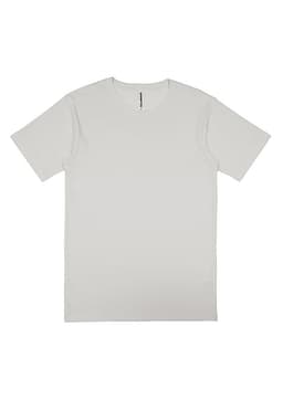 A plain white men's short sleeve t-shirt with a subtle logo on the bottom.