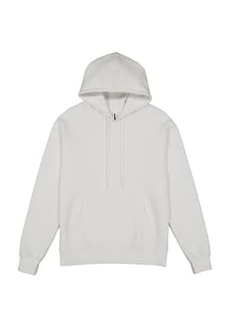 A white hoodie with a front pocket, drawstrings, and a large hood. It features a logo.