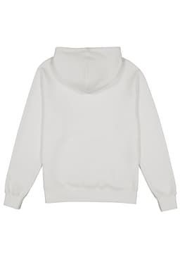 A white men's hoodie featuring a back view with a hood and long sleeves. The design includes a logo.