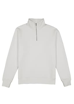 A white men's 1/4 zip jumper with long sleeves and a collar, featuring a zip at the neck and a logo.