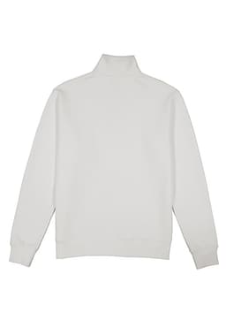 A white men's jumper featuring a 1/4 zip collar and long sleeves, with a simple design and a logo.