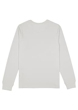 A women's long sleeve tee in white, featuring a crew neck and a simple design, with a logo on the back.