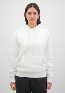 A white women's hoodie featuring a front pocket and drawstring hood, displayed on a model against a neutral background.