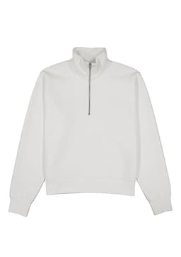 A white women's jumper with a 1/4 zip collar and long sleeves. Features a branding logo.