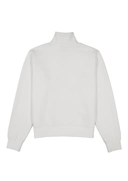 A white women's jumper with a 1/4 zip, featuring a high collar and long sleeves, with a logo on the back.
