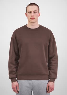 A brown crew sweatshirt for men, featuring a simple design and relaxed fit, shown on a model with grey pants.