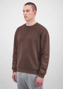 A brown men's crew sweatshirt on a model, featuring long sleeves and a relaxed fit.