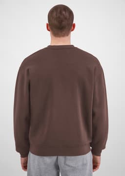 A dark brown men's crew sweatshirt viewed from the back, featuring long sleeves and a simple design.