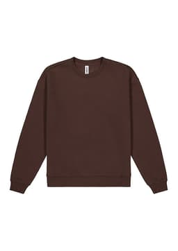 A brown crew sweatshirt with long sleeves and a rounded neckline. It features a simple design and has a logo.