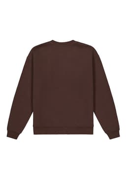 A brown crew sweatshirt featuring a round neck and long sleeves, with ribbed cuffs and hem. It has a logo.