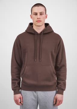 A brown men's hoodie featuring a front pocket and drawstring hood, worn by a male model.