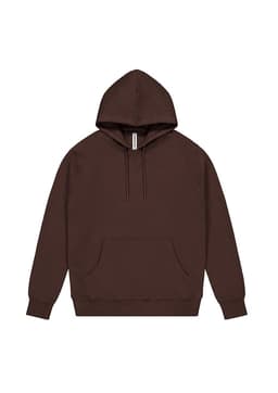 A brown hoodie with a front pocket, adjustable drawstrings, and a hood. It features a logo.