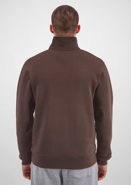 A brown men's 1/4 zip jumper featuring a high collar and ribbed cuffs. The back view is displayed.