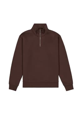 A brown 1/4 zip jumper with a high collar and long sleeves, featuring a branding logo.