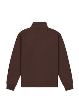 A brown men's jumper with a 1/4 zip, featuring a high collar and long sleeves. The back is plain and unadorned.