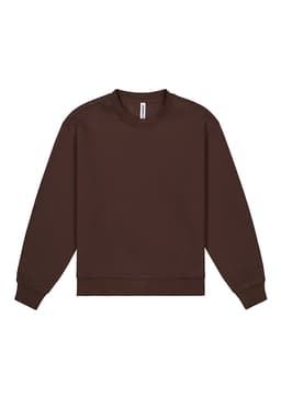 A brown crew sweatshirt with long sleeves and a round neckline, featuring a simple design and a logo.