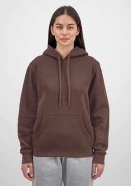 A brown women's hoodie with a front pocket, drawstring hood, and long sleeves, featuring a logo.