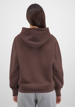A brown hoodie with a hood, featuring a relaxed fit and long sleeves, shown from the back.