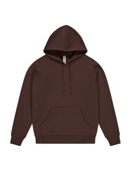 A brown women's hoodie featuring a front pocket and a drawstring hood. The hoodie has a simple design with a logo.