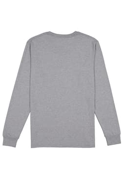 A grey long sleeve t-shirt with a simple design and a logo on the back.