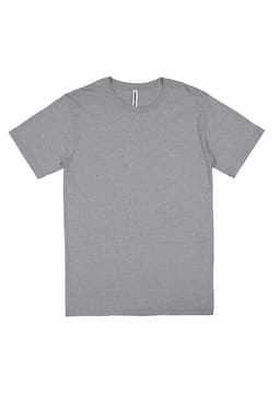 A grey short sleeve men's t-shirt with a simple design and a label at the neckline.