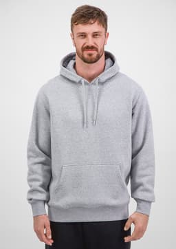A grey men's hoodie with a front pocket and a drawstring hood, featuring a logo on the chest.