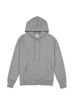 A grey men's hoodie with a drawstring hood and a front pocket. It features a branding logo on the label.