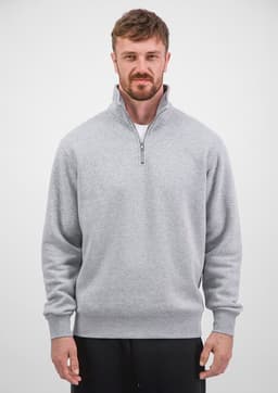 A grey men's 1/4 zip jumper featuring a high collar and long sleeves, designed for everyday wear.