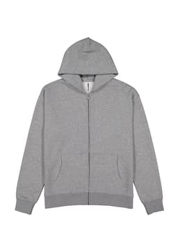 A grey zip hoodie featuring a front pocket and a hood, with a logo on the label.