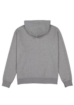 A grey zip-up hoodie with a hood and ribbed cuffs. The back view displays a simple, clean design and features a logo.