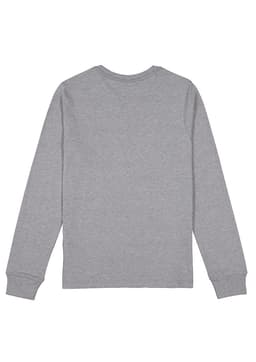 A grey long sleeve t-shirt with a round neck and logo detailing on the back.