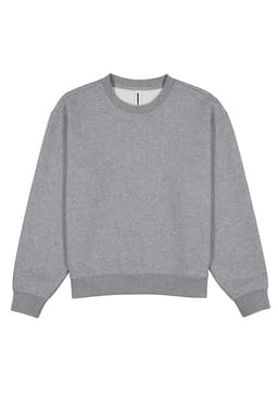 A grey women's crew sweatshirt with a relaxed fit and ribbed cuffs, featuring a logo.