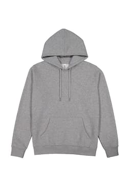A grey women's hoodie featuring a kangaroo pocket and a drawstring hood, with branding present.