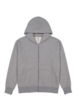 A grey zip hoodie featuring a hood and front pockets, with branding on the label.
