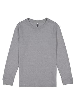 A grey long sleeve t-shirt with a round neckline and no visible design, featuring a brand logo on the label.