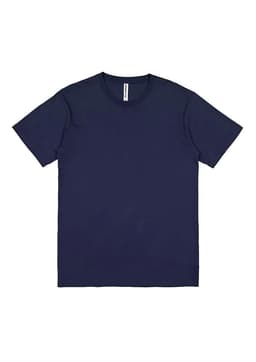A navy short sleeve tee with a round neckline and a label, featuring a plain design and no visible graphics.